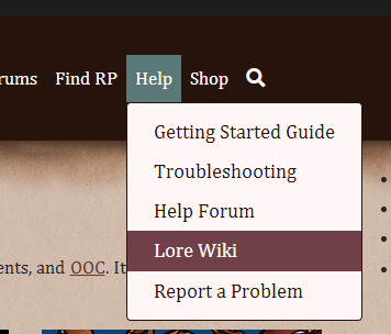 A screenshot showing the help menu dropdown, with the lore wiki link highlighted