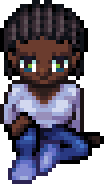 A dark skinned avatar sitting