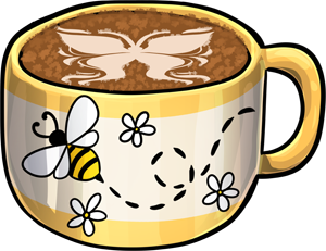 A mug of warm, fragrant espresso. It is served in a pale yellow mug decorated with daisies. A stylized bee flies in between the daisies. It has a foamed milk pattern of a butterfly on its surface.