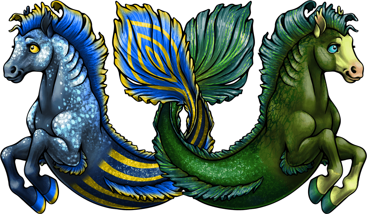 Two creatures with the front half of a horse and the back half of a fish or mer-person. They are facing different directions and crossing their tails. One has blue fur dappled with white spots, and a blue-scaled tail with vivid yellow stripes. The other has emerald green scales and fur.