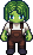 A green-skinned avatar standing in overalls.