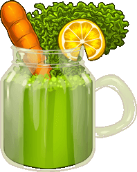 A mason jar filled with frothy green liquid. It is topped with a carrot, a lemon slice and leafy kale.