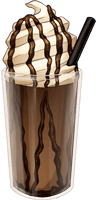A fancy iced coffee drink, drizzled with chocolate and topped with a swirl of whipped cream.