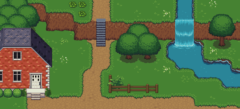 A pixel art scene showing an idyllic area of green grass, bushy trees, a river with waterfall, dirt paths, and a brick house with a fancy door