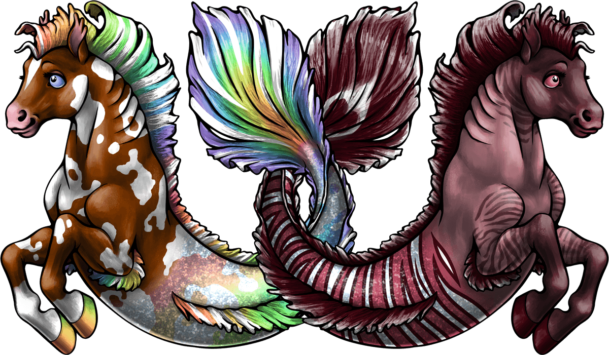 The rainbow sorrel hippocampus and the lionfish grulla hippocampus twining their tails together.