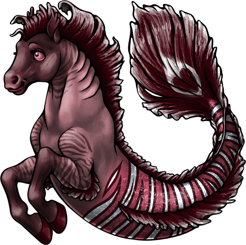 A creature with the front half of a horse and the back half of a fish or mer-person. This one has pink-red fur, and a red and white striped tail.
