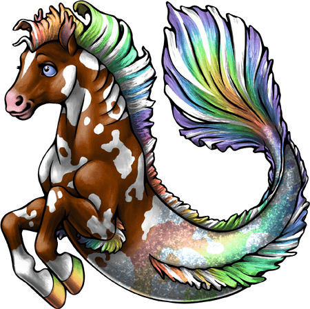 A creature with the front half of a horse and the back half of a fish or mer-person. This one has light brown fur, with white splotches. Its tail and mane have shimmering rainbow scales.