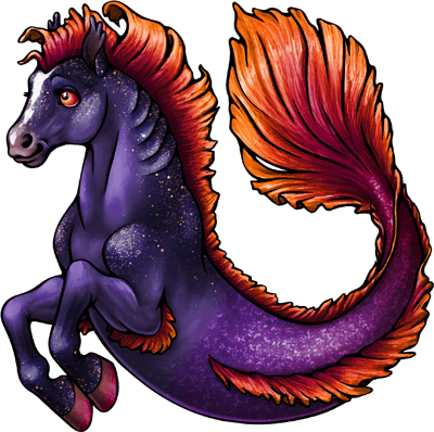 A creature with the front half of a horse and the back half of a fish or mer-person. This one has deep purple-blue fur with fine white hairs scattered throughout, making it look like a night sky. The scales are a brighter purple, and the fins are the orange of the setting sun.