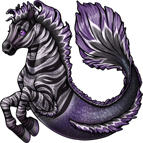 A literal sea horse - the front is that of a zebra, but the back is a mer-tail. This one has white fur with black and grey stripes in mesmerizing patterns. Its tail and mane are a dark black that fades to purple, with white and light grey zig-zags.