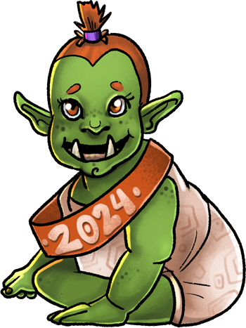 An adorable little baby orc, with green skin and big tusks. It wears a sash that reads 2024.