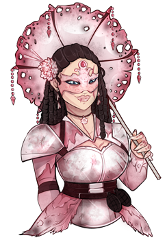 A woman dressed in makeshift armor cobbled together from slavaged pieces of metal. She has decorated it with pale pink scraps of fabric, which matches the cherry blossoms in her hair and the ratty, almost destroyed pink parasol she carries. The only items on her that look pristine are the brand new pink mask she wears, and the two hand grenades hanging from her belt.