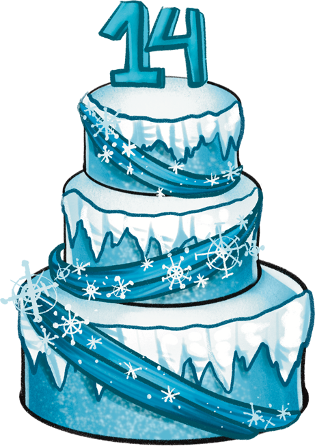 A three tiered cake with blue and hwite icing, themed with snowflakes and icicles. It is topped with the number 14.