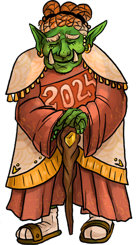 An old orcish woman, with classic green skin. She is wearing a baggy dress and a sash that reads 2024. She leans on a cane, and has a sweet expression.