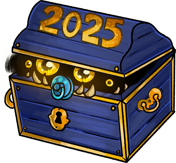 A blue wooden chest with gold metal work on it, including the numbers 2025 on its lid. The lid is slightly open, and inside are glowing eyes and little teeth. Is this a mimic?? Wait, is this treasure chest mimic also sucking on a binky?