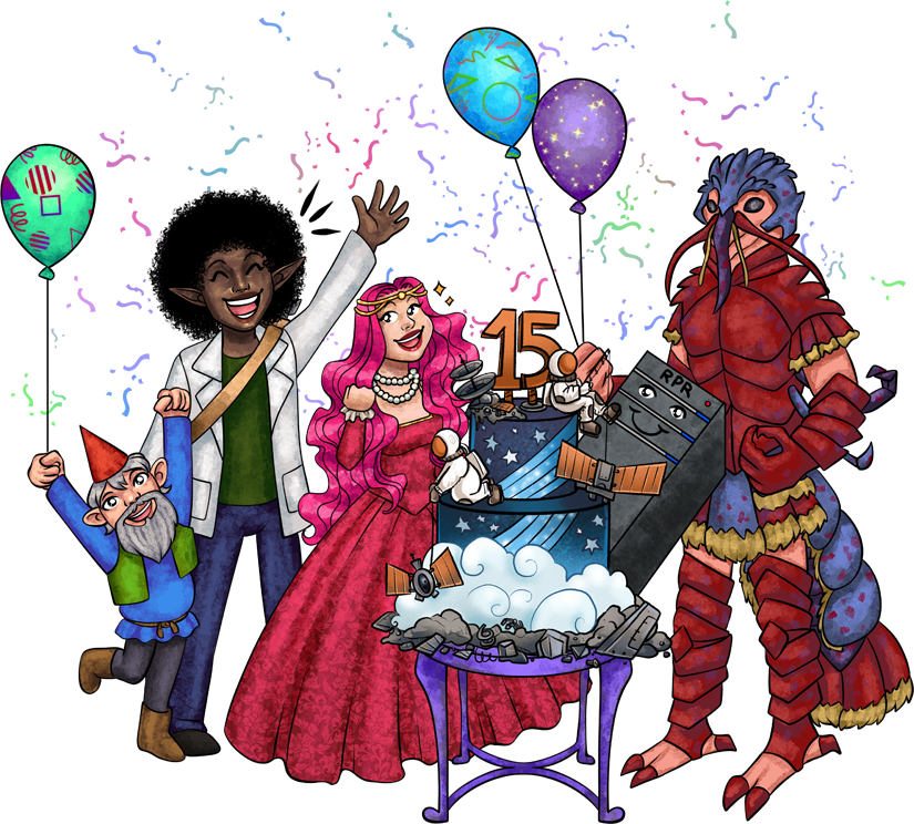 A collection of RPR characters jump for joy around the 2025 cake. Confetti fills the air..