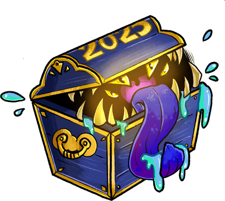 A grizzled old treasure chest mimic, with 2025 emblazoned in gold on its lid. It is slavering and dangerous looking.