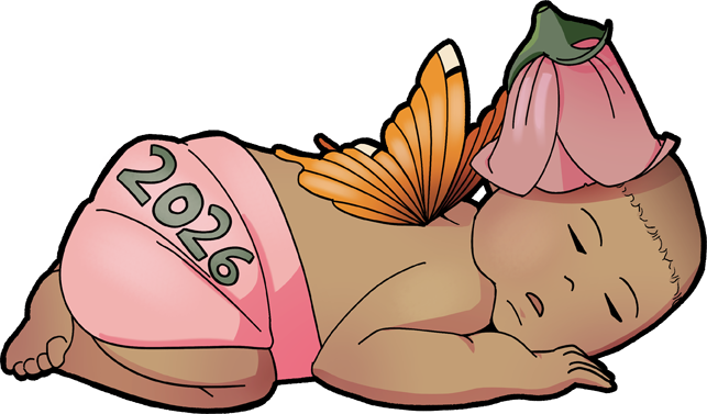 An infant with little orange butterfly wings, sleeping on its tummy. It has a cap made of flower petals, and is wearing a pink diaper with the numbers 2026 embroidered on it in pale green.