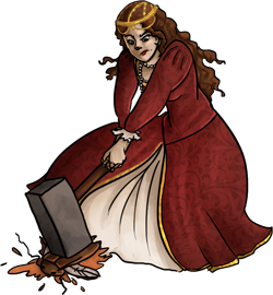 Kim in full RPR royalty getup, complete with crown, using a giant mallet to smash a roach that is at least 12 inches long.