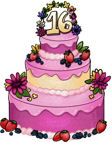 A beautiful pink three tiered cake, covered in berries. It is topped with a candle in the shape of the number 16.