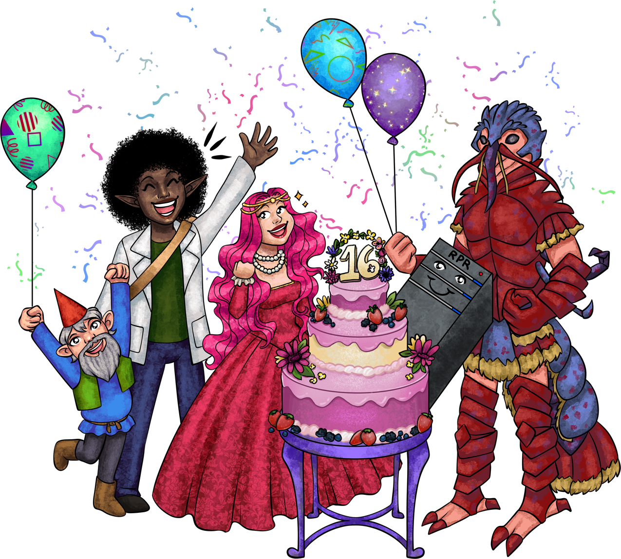 A collection of RPR characters jump for joy around the 2026 cake. Confetti fills the air..