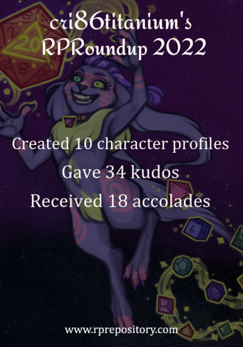 cri86titanium's 2022 RPR Roundup: Created 10 character profiles, Gave 34 kudos, Received 18 accolades