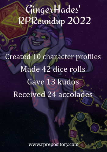 GingerHades' 2022 RPR Roundup: Created 10 character profiles, Made 42 dice rolls, Gave 13 kudos, Received 24 accolades