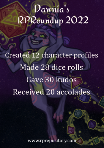 Dawnia's 2022 RPR Roundup: Created 12 character profiles, Made 28 dice rolls, Gave 30 kudos, Received 20 accolades