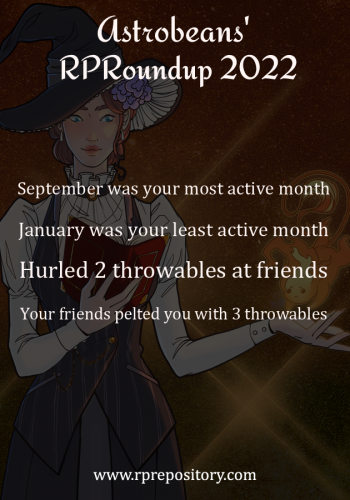 Astrobeans' 2022 RPR Roundup: Joined the site!, Created 34 character profiles, Gave 10 kudos, Received 5 accolades