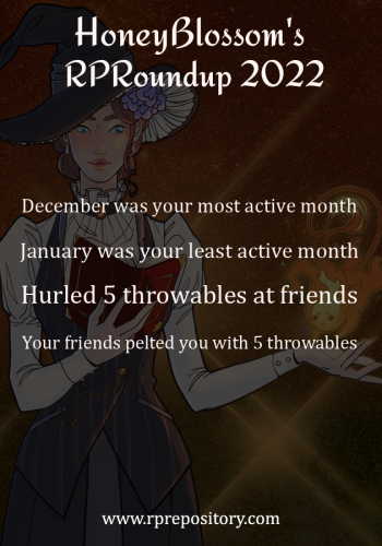 HoneyBlossom's 2022 RPR Roundup: December was your most active month, January was your least active month, Hurled 5 throwables at friends, Your friends pelted you with 5 throwables