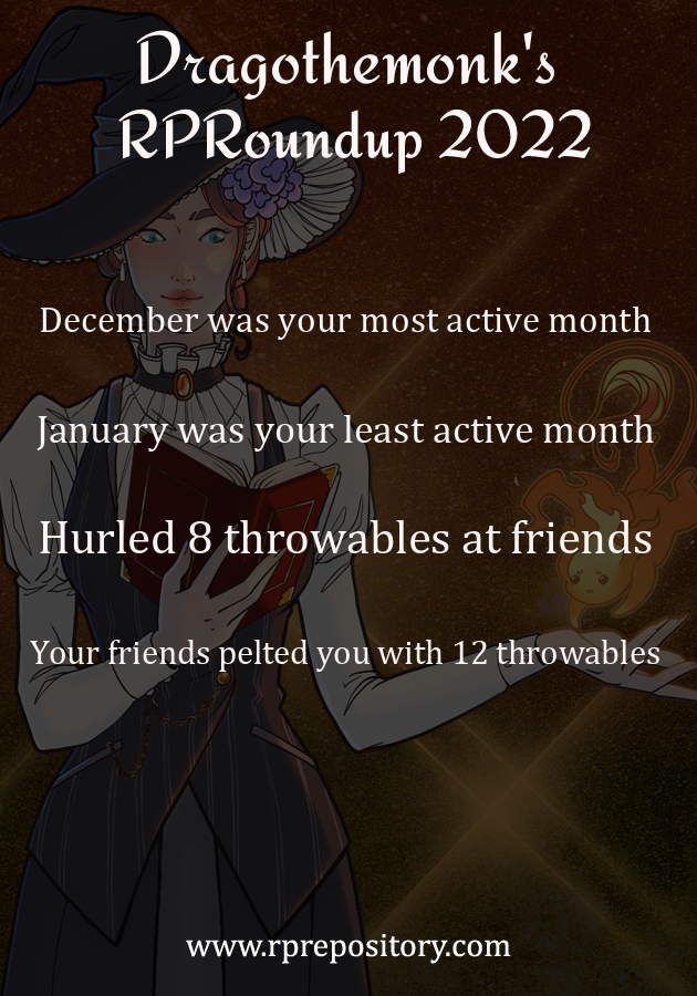 Dragothemonk's 2022 RPR Roundup: December was your most active month, January was your least active month, Hurled 8 throwables at friends, Your friends pelted you with 12 throwables