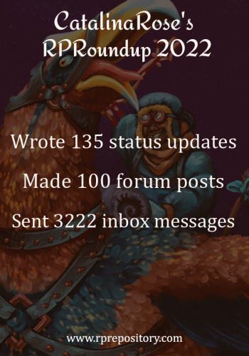CatalinaRose's 2022 RPR Roundup: Wrote 135 status updates, Made 100 forum posts, Sent 3222 inbox messages