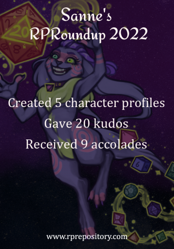 Sanne's 2022 RPR Roundup: Created 5 character profiles, Gave 20 kudos, Received 9 accolades