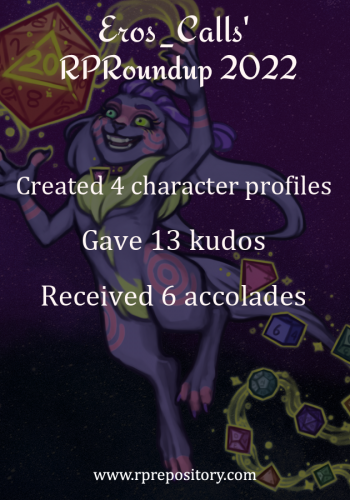 Eros_Calls' 2022 RPR Roundup: Created 4 character profiles, Gave 13 kudos, Received 6 accolades