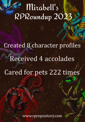 Mirabell's 2023 RPR Roundup: Created 8 character profiles, Received 4 accolades, Cared for pets 222 times