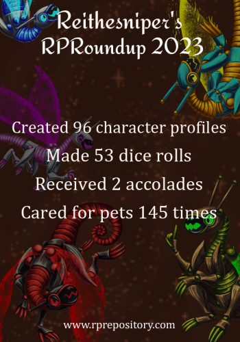 Reithesniper's 2023 RPR Roundup: Created 96 character profiles, Made 53 dice rolls, Received 2 accolades, Cared for pets 145 times