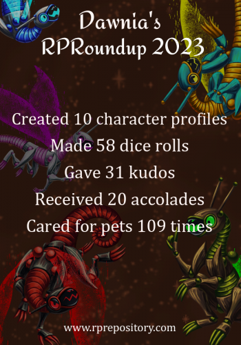 Dawnia's 2023 RPR Roundup: Created 10 character profiles, Made 58 dice rolls, Gave 31 kudos, Received 20 accolades, Cared for pets 109 times