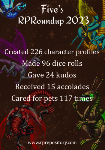 Five's 2023 RPR Roundup: Created 226 character profiles, Made 96 dice rolls, Gave 24 kudos, Received 15 accolades, Cared for pets 117 times