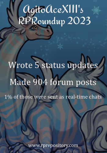 AgitoAceXIII's 2023 RPR Roundup: Wrote 5 status updates, Made 904 forum posts, 1% of those were sent as real-time chats