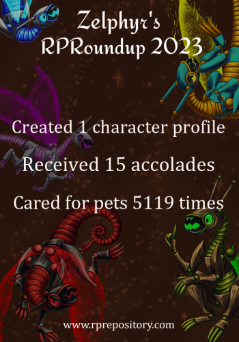 Zelphyr's 2023 RPR Roundup: Created 1 character profile, Received 15 accolades, Cared for pets 5119 times