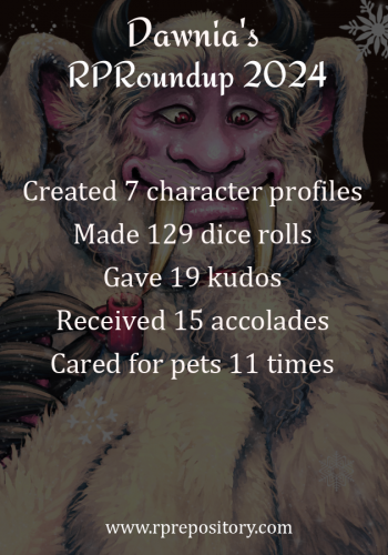 Dawnia's 2024 RPR Roundup: Created 7 character profiles, Made 129 dice rolls, Gave 19 kudos, Received 15 accolades, Cared for pets 11 times