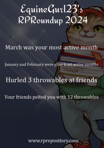 EquineGurl23's 2024 RPR Roundup: March was your most active month, January and February were your least active months, Hurled 3 throwables at friends, Your friends pelted you with 12 throwables