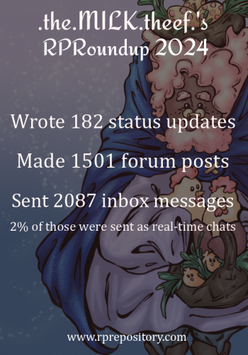 .the.MILK.theef.'s 2024 RPR Roundup: Wrote 182 status updates, Made 1501 forum posts, Sent 2087 inbox messages, 2% of those were sent as real-time chats