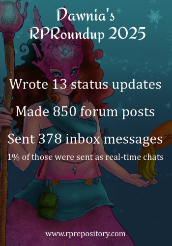 Dawnia's 2025 RPR Roundup: Wrote 13 status updates, Made 850 forum posts, Sent 378 inbox messages, 1% of those were sent as real-time chats