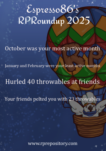 Espresso86's 2025 RPR Roundup: October was your most active month, January and February were your least active months, Hurled 40 throwables at friends, Your friends pelted you with 23 throwables