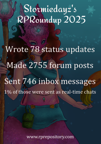 Stormiedayz's 2025 RPR Roundup: Wrote 78 status updates, Made 2755 forum posts, Sent 746 inbox messages, 1% of those were sent as real-time chats