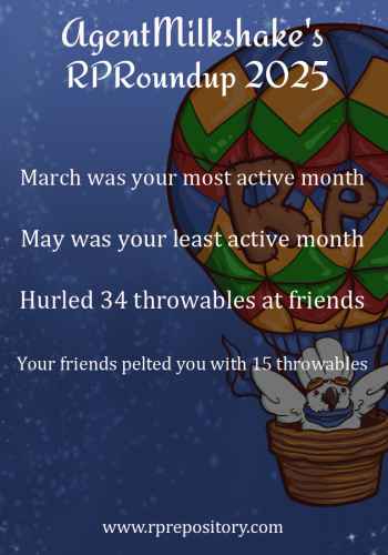 AgentMilkshake's 2025 RPR Roundup: March was your most active month, May was your least active month, Hurled 34 throwables at friends, Your friends pelted you with 15 throwables