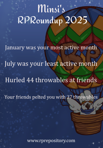 Minsi's 2025 RPR Roundup: January was your most active month, July was your least active month, Hurled 44 throwables at friends, Your friends pelted you with 37 throwables