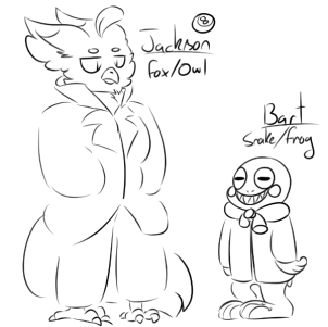 Friend of mine drew our characters (sadly Tim isn't in it, maybe I will update this later to have them all in it) Just a quick sketched ref of Jackson & Bart's designs and height difference.