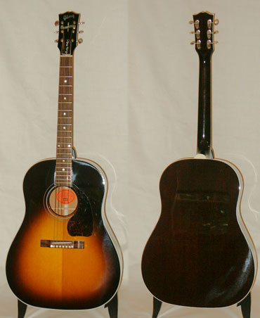 A Gibson J-45. He got it from his mom, it belonged to her dad. He keeps it in a leather gig bag.