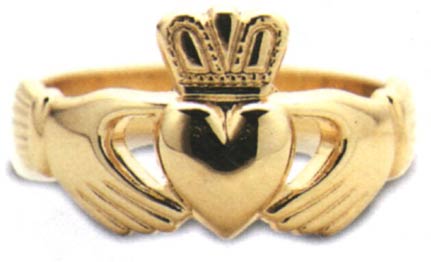 An Irish claddagh ring. His mam gave it to him when he was six. He wore it on a necklace until he grew into it.